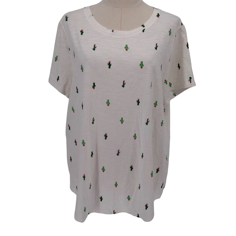 Old Navy T-Shirt White Cactus Print Slub Knit 100% Cotton XL